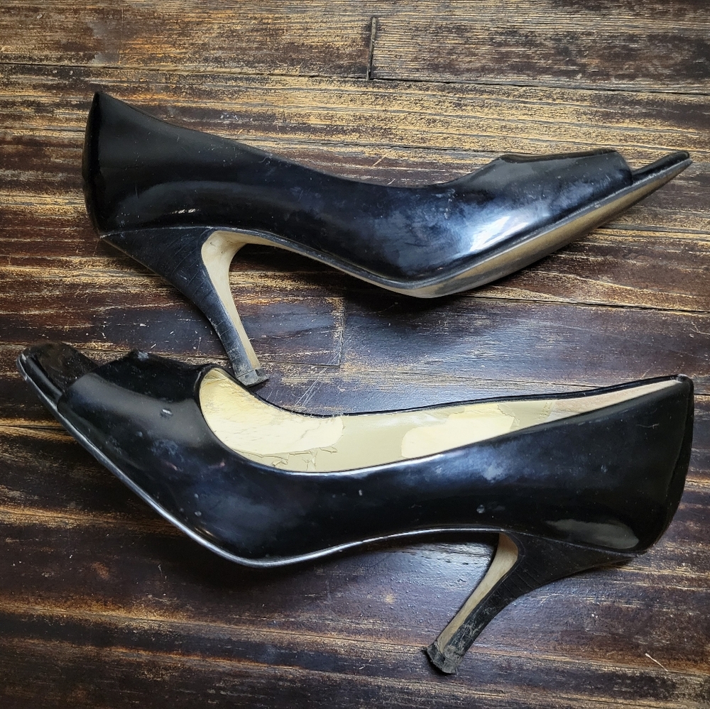 Tahari black open toe stiletto heels, black patent leather , 8
